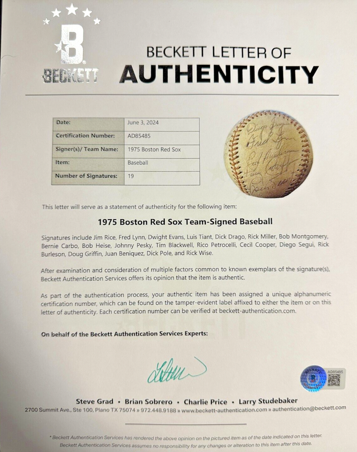 1975 Boston Red Sox Team Autographed MacPhail Baseball Rice Lynn Evans Tiant BAS
