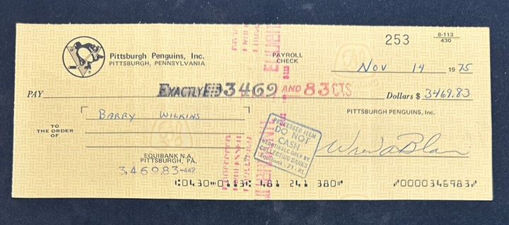 Wren Blair & Barry Wilkins Autographed 1975 Pittsburgh Penguins Payroll Check