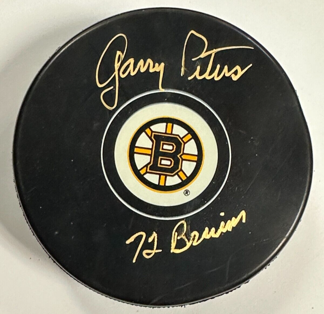 Garry Peters Autographed Boston Bruins Puck W/ 1972 Bruins Insc NHL BAS