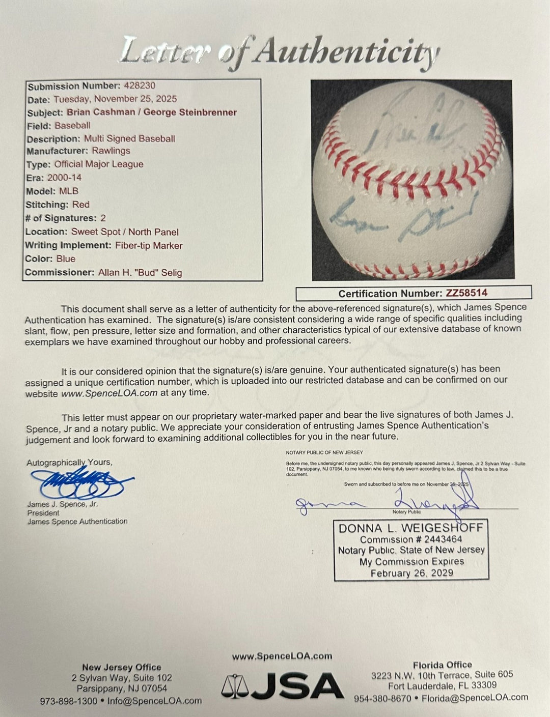 George Steinbrenner & Brian Cashman Autographed OML Baseball Steiner JSA Yankees