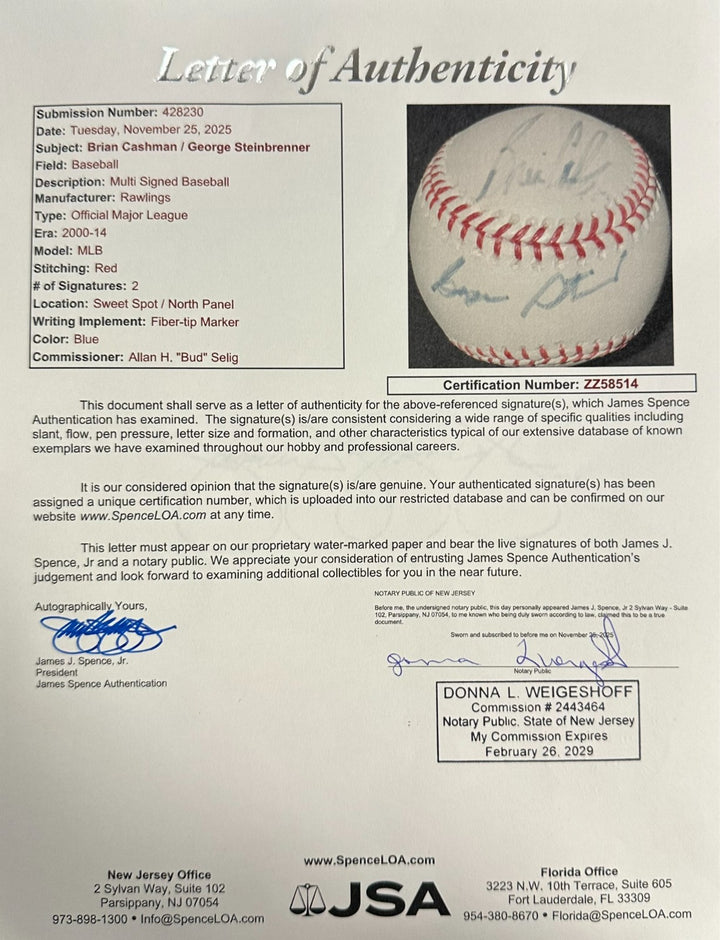 George Steinbrenner & Brian Cashman Autographed OML Baseball Steiner JSA Yankees