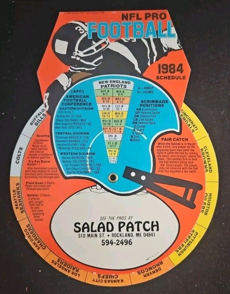 1984 Salad Patch Official NFL Pro Football Rotating Schedule & Game Rules