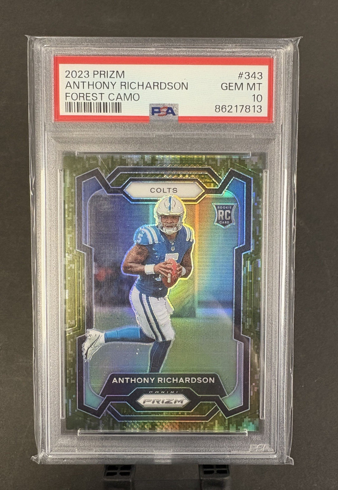 2023 Panini Prizm Anthony Richardson Forest Camo 5/15 Jersey Number RC PSA 10 