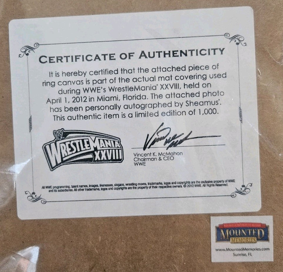 Sheamus Signed Framed Wrestlemania 28 Photo W/piece Of Ring WWE COA /1000