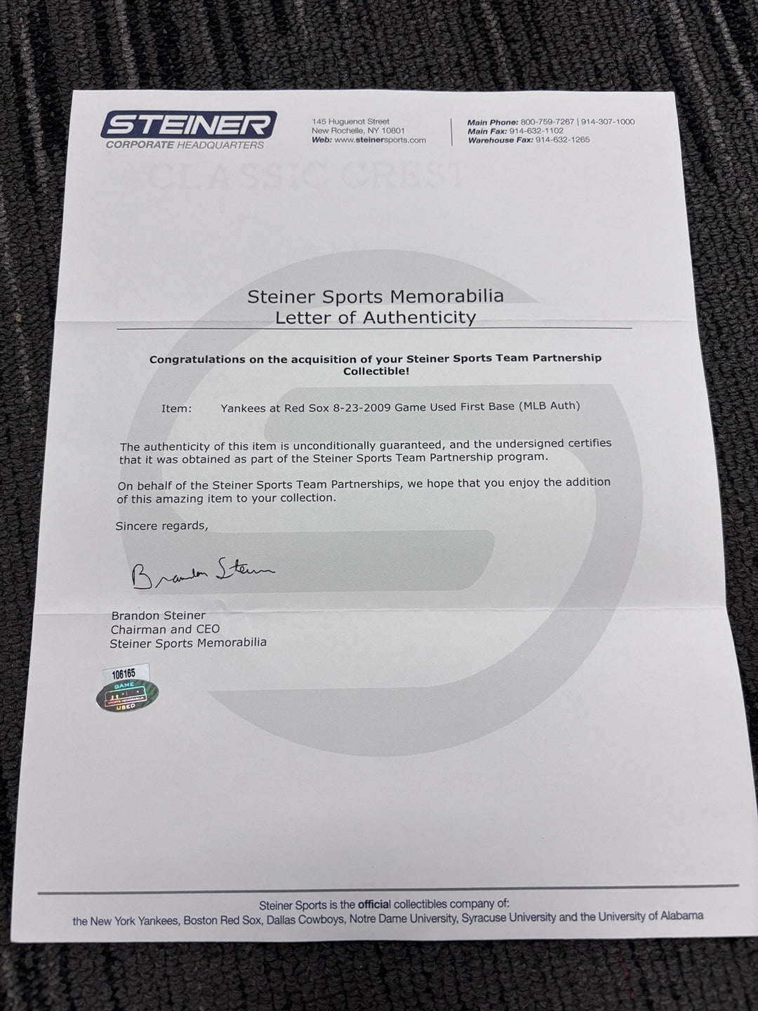 8-23-2009 MLB First Base Yankees At Red Sox MLB Authentic Steiner Ticket Program