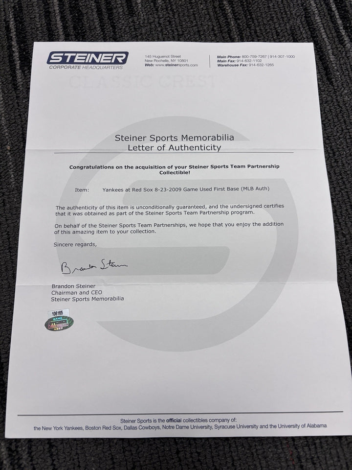 8-23-2009 MLB First Base Yankees At Red Sox MLB Authentic Steiner Ticket Program