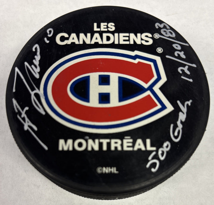 Guy LaFleur Signed Canadiens Puck With 500 Goals 12/20/83 Inscription Beckett