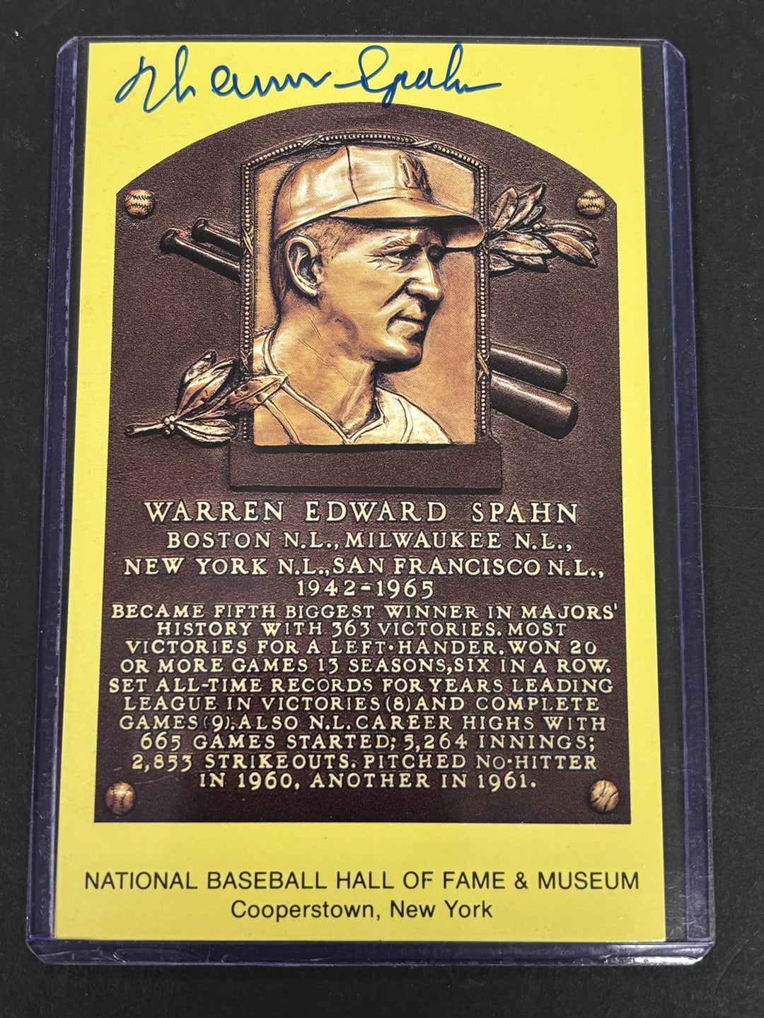 Warren Spahn Autographed MLB Hall Of Fame Postcard Milwaukee Braves BAS