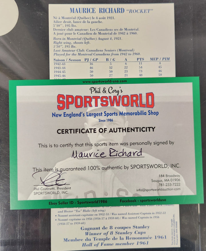 Maurice "Rocket" Richard Signed Statistic Postcard Montreal Canadiens HOF COA 
