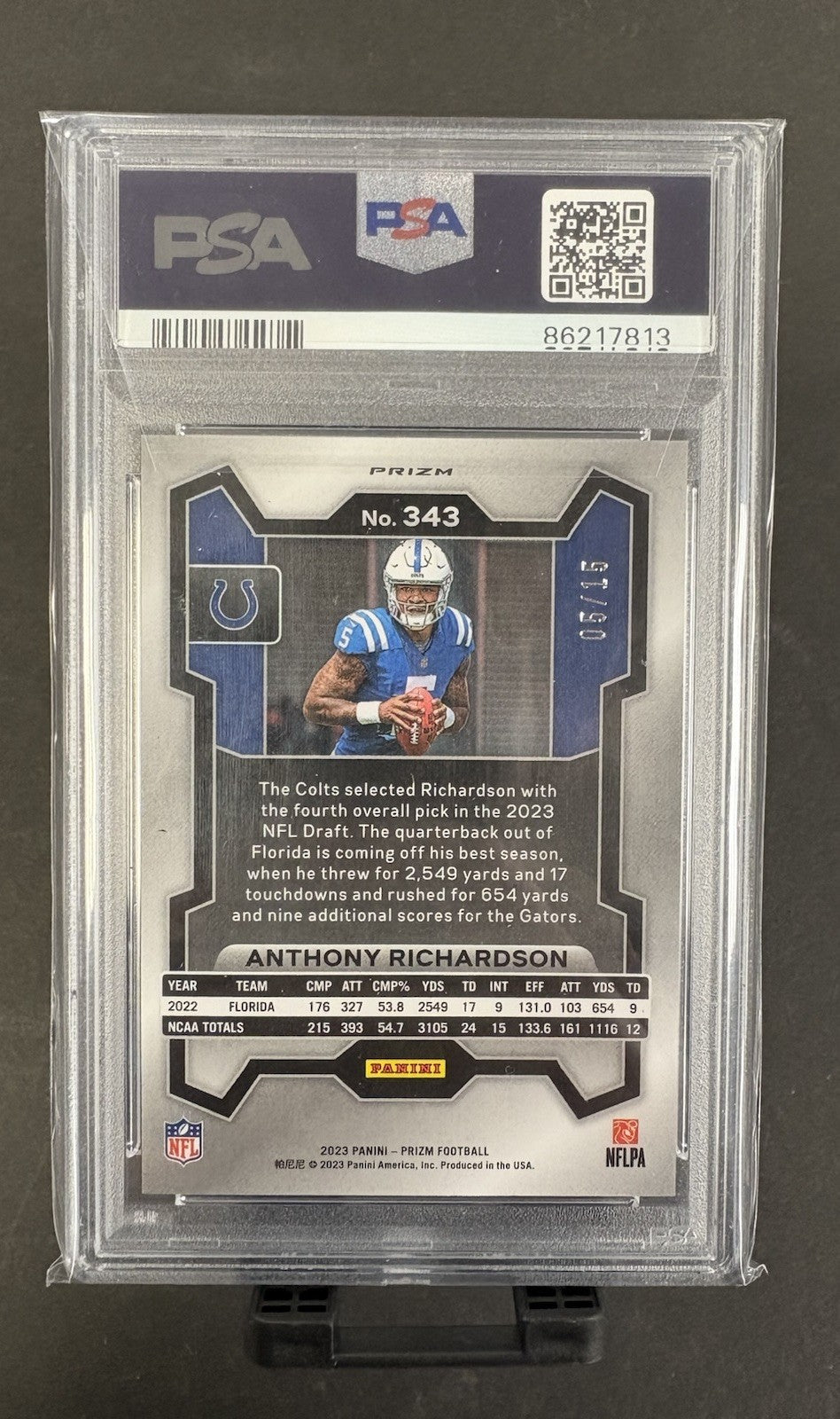 2023 Panini Prizm Anthony Richardson Forest Camo 5/15 Jersey Number RC PSA 10 
