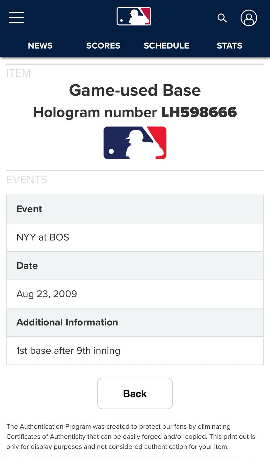 8-23-2009 MLB First Base Yankees At Red Sox MLB Authentic Steiner Ticket Program