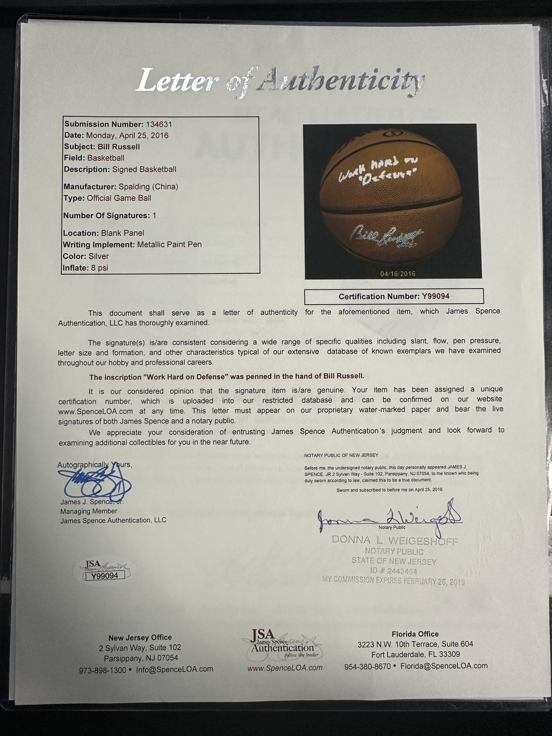 Bill Russell Signed Official NBA Basketball W/ Work Hard on Defense Insc BAS JSA